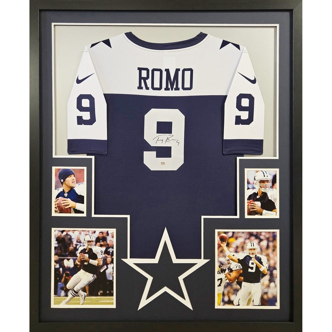 Tony Romo Autographed Framed Jersey Dallas Cowboys PSA/DNA 42x34: Tony Romo Autographed Framed Jersey Dallas Cowboys PSA/DNA 42x34 Showcase your pride for the Dallas Cowboys with this autographed Tony Romo framed jersey. This exquisite piece is authenticated by PSA/