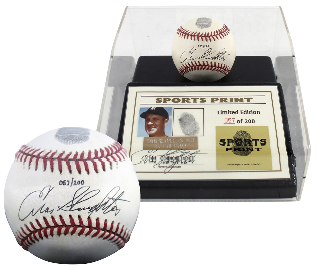 Enos Slaughter Signed Limited Edition Baseball with Thumbprint BAS COA: Enos Slaughter Signed Limited Edition Baseball with Thumbprint BAS COA This limited edition baseball, personally signed by Enos Slaughter of the St. Louis Cardinals, features a unique thumbprint on ea
