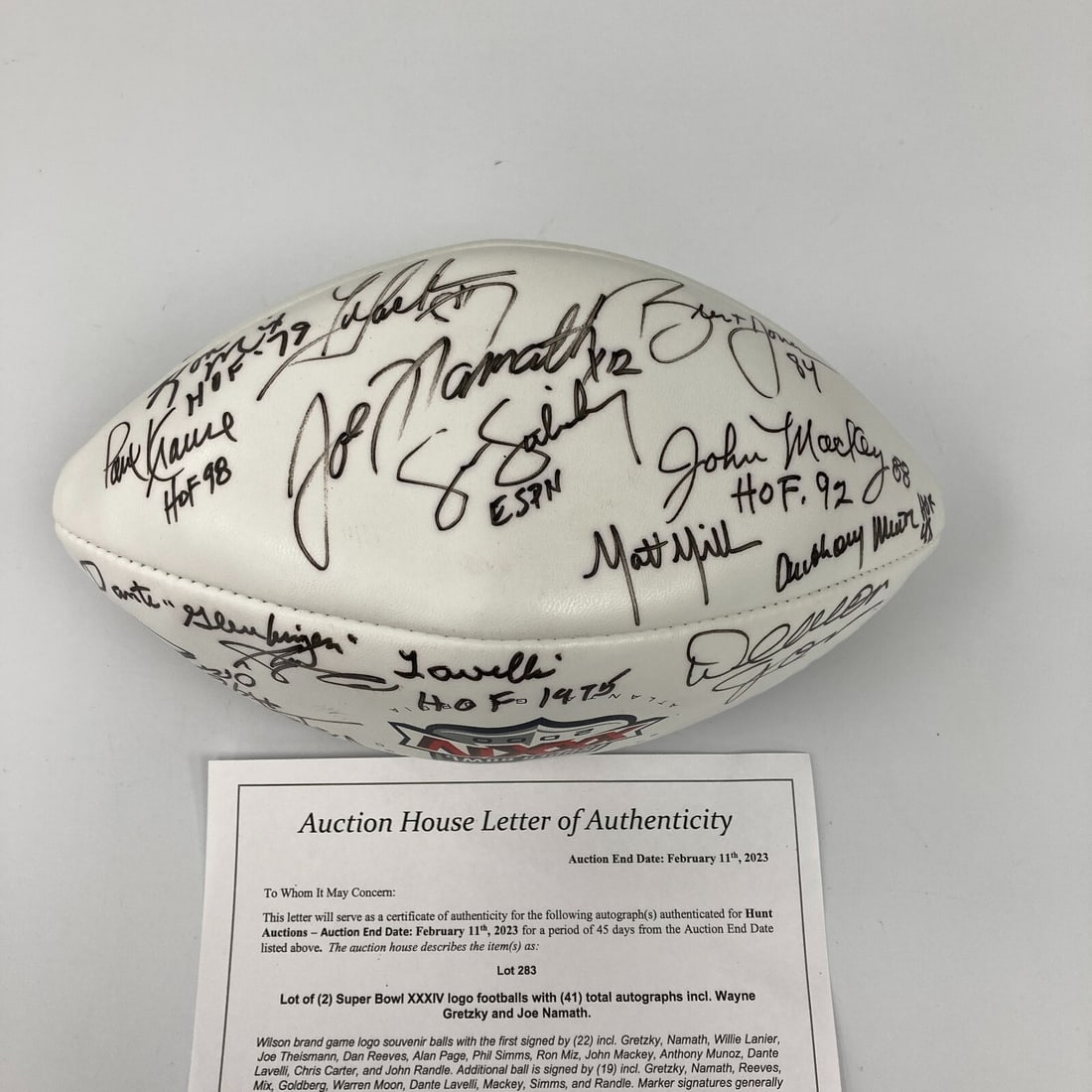 Joe Namath Wayne Gretzky Super Bowl XXXIV Signed Football JSA COA: Joe Namath Wayne Gretzky Super Bowl XXXIV Signed Football JSA COA Celebrate two legends of sports with this unique multi-signed football featuring Joe Namath and Wayne Gretzky. This authentic football