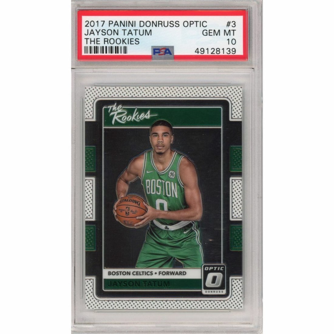 2017-18 Panini Donruss Optic Jayson Tatum Autographed PSA 10 The Rookies Card: 2017-18 Panini Donruss Optic Jayson Tatum Autographed PSA 10 The Rookies Card This graded 2017-18 Panini Donruss Optic Jayson Tatum #3 The Rookies card is a must-have for any basketball collector. Aut