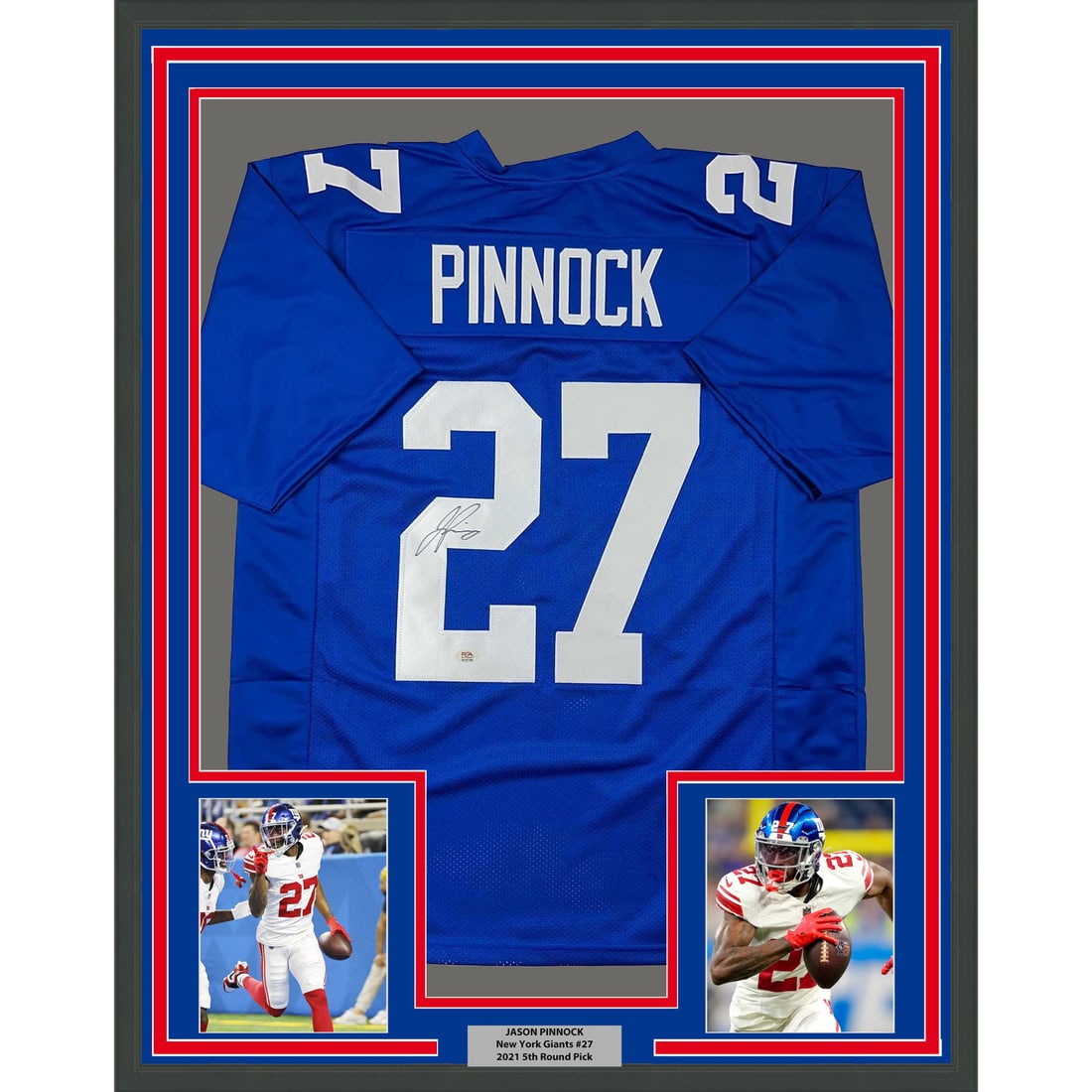 Framed Jason Pinnock Signed New York Giants Jersey PSA/DNA COA 35x39: Framed Jason Pinnock Signed New York Giants Jersey PSA/DNA COA 35x39 Celebrate your passion for football with this professionally framed and autographed jersey of Jason Pinnock, a rising star of the N