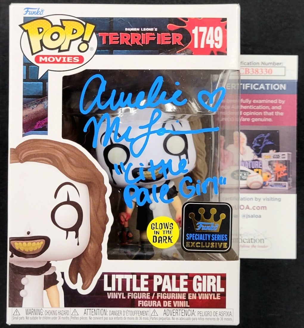 Amelie McLain Signed Terrifier 2 Little Pale Girl Funko Pop JSA Authenticated: Amelie McLain Signed Terrifier 2 Little Pale Girl Funko Pop JSA Authenticated This is a pre-owned Funko Pop figure of the "Little Pale Girl" from the movie Terrifier 2, signed by Amelie McLain. The au