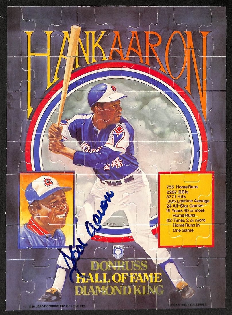Hank Aaron Autographed 1986 Leaf Perez-Steel 8x11 Baseball Photo Puzzle (1 of 2)