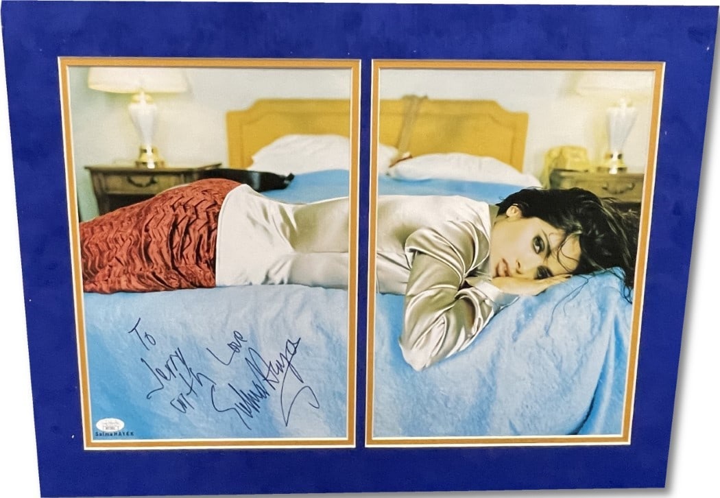 Salma Hayek Signed Magazine Display With Personalized Message JSA Authenticated: Salma Hayek Signed Magazine Display With Personalized Message JSA Authenticated This is a matted magazine page autographed by Salma Hayek, inscribed "To Jerry With Love." The piece measures 10x14 inch