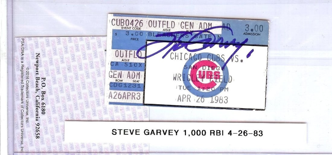 Steve Garvey Autographed 1000th RBI Ticket Stub Padres PSA/DNA: Steve Garvey Autographed 1000th RBI Ticket Stub Padres PSA/DNA Celebrate a significant moment in baseball history with this original ticket stub from Steve Garvey's 1000th RBI game with the San Diego 
