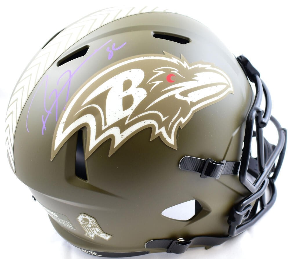Ray Lewis Signed Ravens Salute to Service Helmet Beckett Auth: Ray Lewis Signed Ravens Salute to Service Helmet Beckett Auth This authentic Baltimore Ravens full-size helmet is signed by legendary player Ray Lewis, a hallmark of football excellence. The helmet fe
