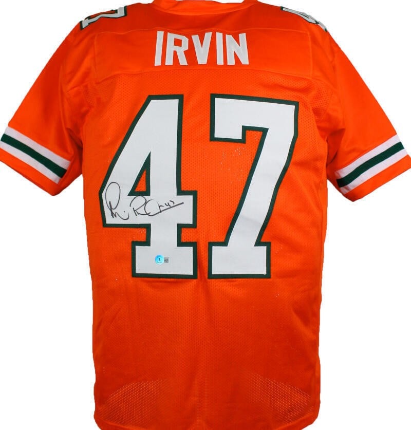 Michael Irvin Autographed Miami Hurricanes Jersey Beckett Certified: Michael Irvin Autographed Miami Hurricanes Jersey Beckett Certified This is an original, pre-owned college style jersey featuring the iconic orange color of the Miami Hurricanes, autographed by the le
