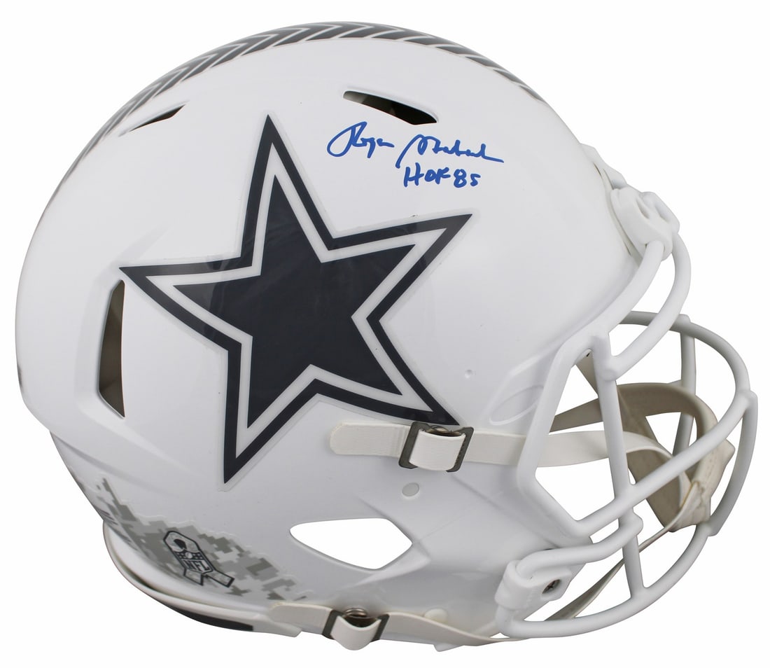Roger Staubach Autographed Cowboys Salute To Service III Full Size Helmet BAS Witnessed: Roger Staubach Autographed Cowboys Salute To Service III Full Size Helmet BAS Witnessed This is an authentic Riddell full-size Speed Proline helmet featuring the Dallas Cowboys' 2024 Salute To Service