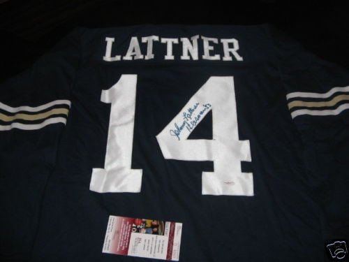 Signed Johnny Lattner 1953 Heisman Notre Dame Blue Jersey with JSA COA: Signed Johnny Lattner 1953 Heisman Notre Dame Blue Jersey with JSA COA This is a pre-owned Notre Dame Fighting Irish jersey signed by Johnny Lattner, the 1953 Heisman Trophy winner. The jersey is blue