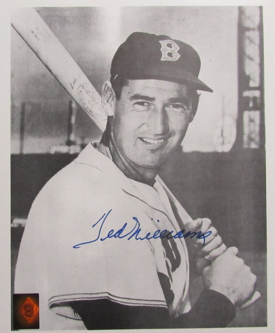 Ted Williams Autographed 11x14 Black White Photo Green Diamond Hologram: Ted Williams Autographed 11x14 Black White Photo Green Diamond Hologram This is an original 11x14 inch black and white photograph of Boston Red Sox legend Ted Williams, featuring his autograph. The ph
