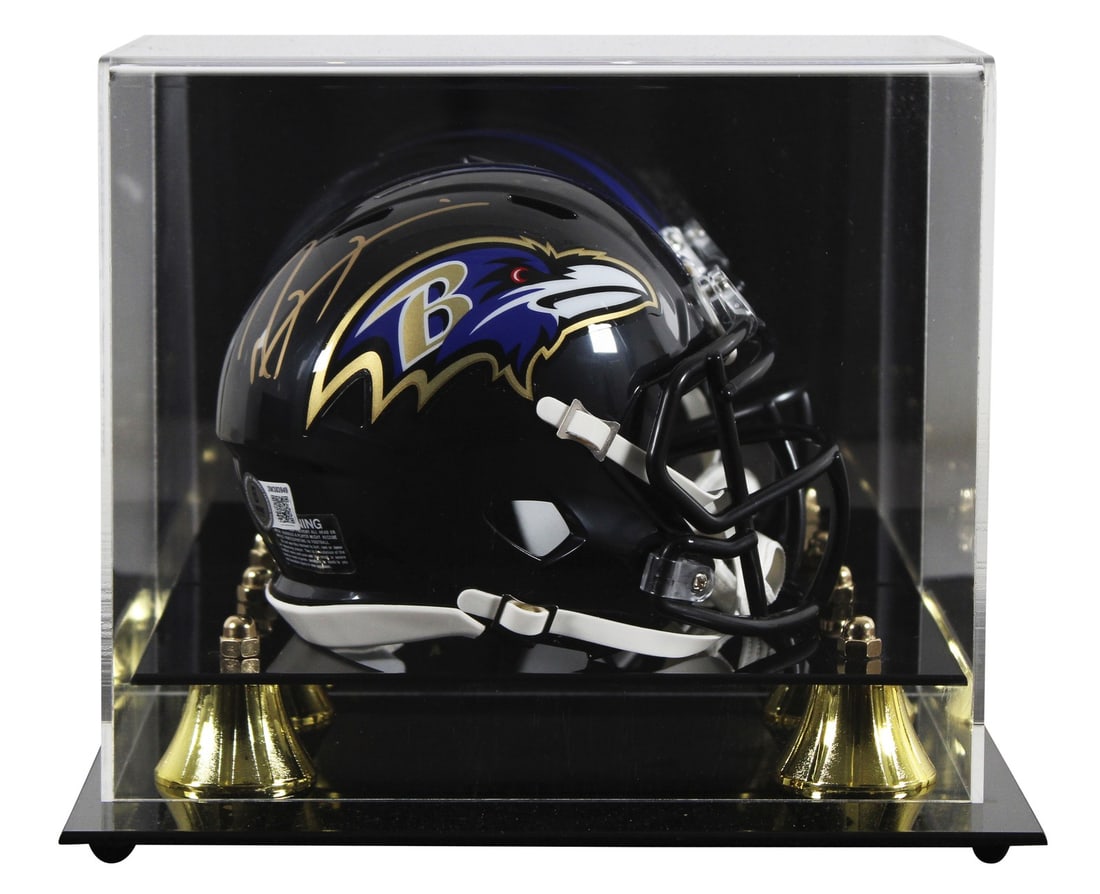 Ray Lewis Autographed Ravens Speed Mini Helmet Gold Signature BAS Witnessed: Ray Lewis Autographed Ravens Speed Mini Helmet Gold Signature BAS Witnessed This authentic speed mini helmet features a stunning gold signature from Ray Lewis, the legendary linebacker of the Baltimor