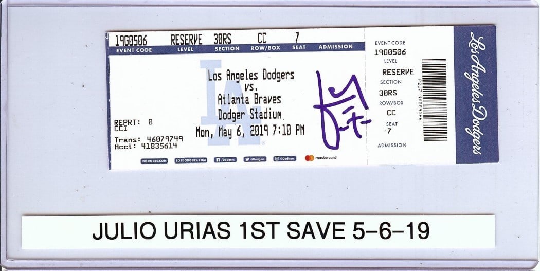 Los Angeles Dodgers Julio Urias Signed Ticket Stub JSA Authenticated 1st Save 2019: Los Angeles Dodgers Julio Urias Signed Ticket Stub JSA Authenticated 1st Save 2019 This is an original ticket stub autographed by Julio Urias, commemorating his first save for the Los Angeles Dodgers 