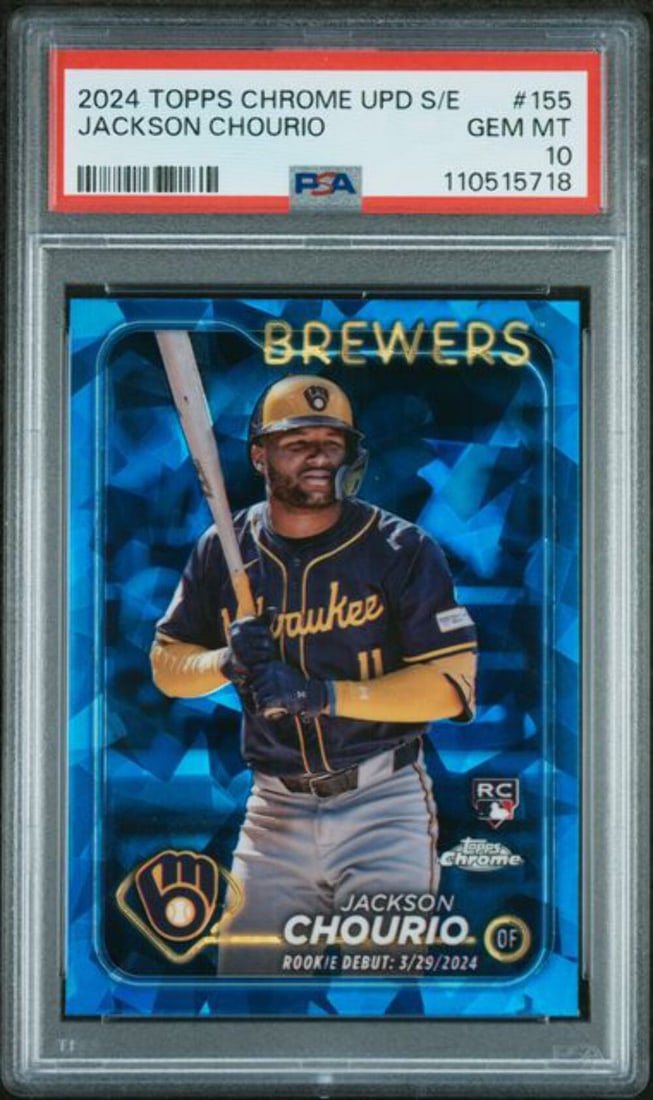 2024 Topps Chrome Update Sapphire Jackson Chourio Rookie Card PSA 10: 2024 Topps Chrome Update Sapphire Jackson Chourio Rookie Card PSA 10 This graded 2024 Topps Chrome Update Sapphire Jackson Chourio #155 Rookie Card has achieved a top grade of PSA 10, signifying its p