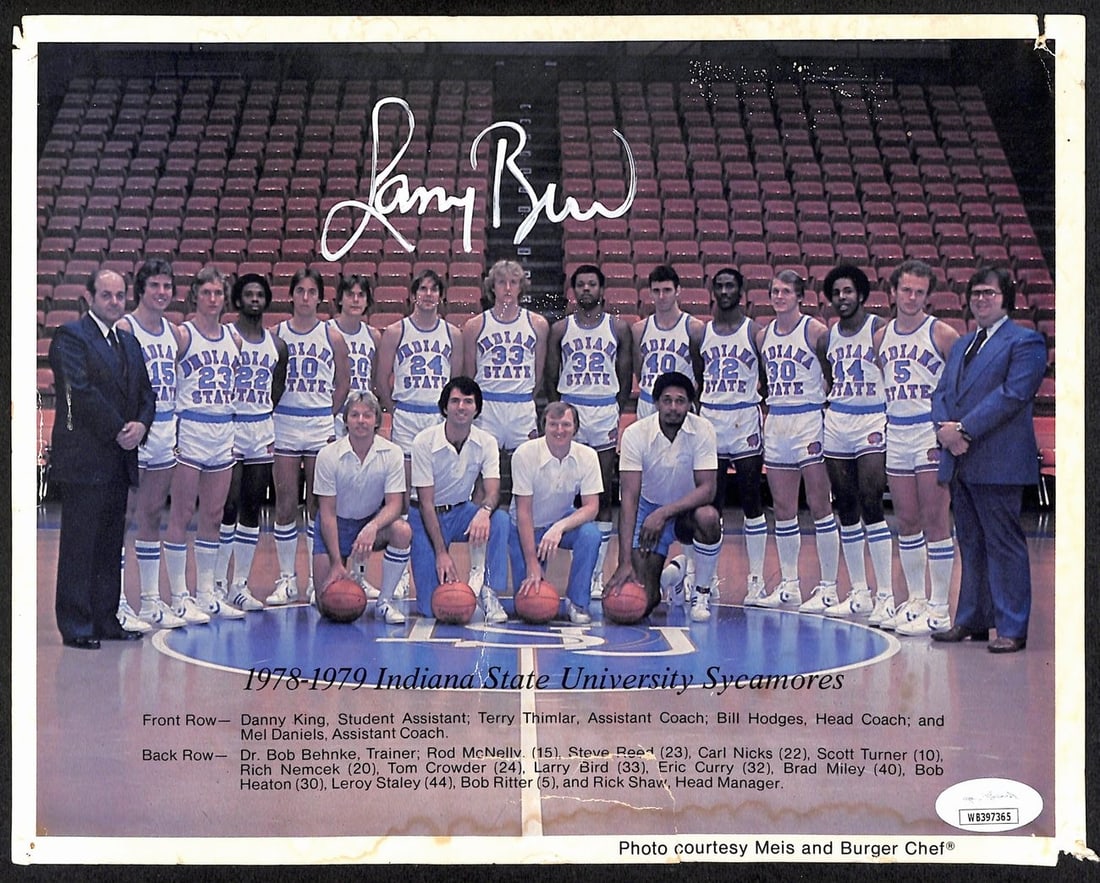 8x10 Indiana State Basketball Team Photo Signed by Larry Bird JSA Authenticated: 8x10 Indiana State Basketball Team Photo Signed by Larry Bird JSA Authenticated Offered is a remarkable 1978-79 Larry Bird Indiana State Signed Team 8x10 Photo, a true collector's item for basketball 