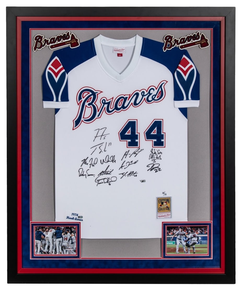 Framed 36x44 Mitchell Ness Hank Aaron Braves signed jersey 11 of 21: Framed 36x44 Mitchell Ness Hank Aaron Braves signed jersey 11 of 21 This framed 36x44 Authentic Mitchell & Ness Hank Aaron 1974 model jersey celebrates the 2021 Atlanta Braves World Series Championshi