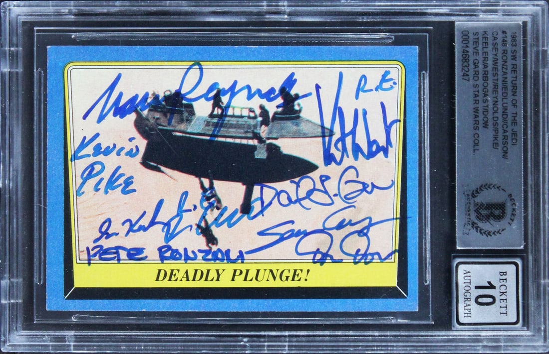 1983 Star Wars ROTJ Card Signed by 10 Cast Crew BAS Gem Mint 10: 1983 Star Wars ROTJ Card Signed by 10 Cast Crew BAS Gem Mint 10 This original 1983 Star Wars Return of the Jedi card (#148) features signatures from ten notable contributors to the film: Pete Ronzani,