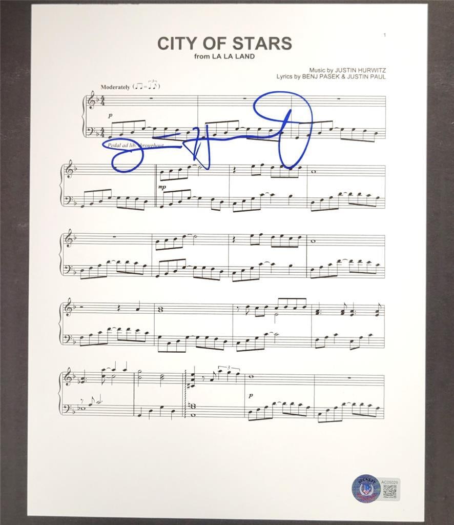 La La Land City of Stars Sheet Signed by Justin Hurwitz Beckett Authenticated 8.5x11: La La Land City of Stars Sheet Signed by Justin Hurwitz Beckett Authenticated 8.5x11 This original 8.5x11 music sheet for "City of Stars" from the movie La La Land is hand-signed by Justin Hurwitz. Th