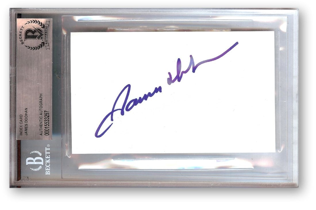 Beckett Authenticated James Doohan Autograph on Index Card Star Trek Memorabilia: Beckett Authenticated James Doohan Autograph on Index Card Star Trek Memorabilia This is an original index card autographed by James Doohan, best known for his role as Scotty in Star Trek. The card is
