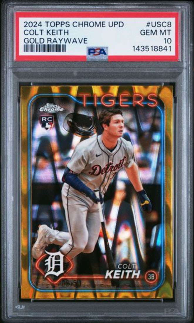 PSA 10 Colt Keith Gold Raywave Rookie 2024 Topps Chrome #USC8 Serial /50: PSA 10 Colt Keith Gold Raywave Rookie 2024 Topps Chrome #USC8 Serial /50 This is a 2024 Topps Chrome Colt Keith #USC8 Gold Raywave Rookie Card, serial numbered out of 50. The card has been professiona