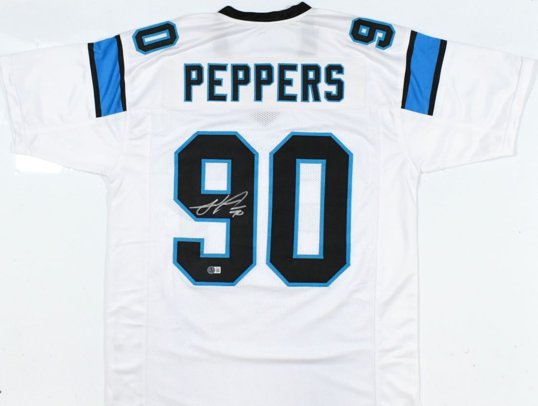 Julius Peppers Signed Carolina Panthers Jersey Beckett Authentic: Julius Peppers Signed Carolina Panthers Jersey Beckett Authentic This is an original white pro style jersey signed by NFL star Julius Peppers, featuring the Carolina Panthers team colors. The jersey i