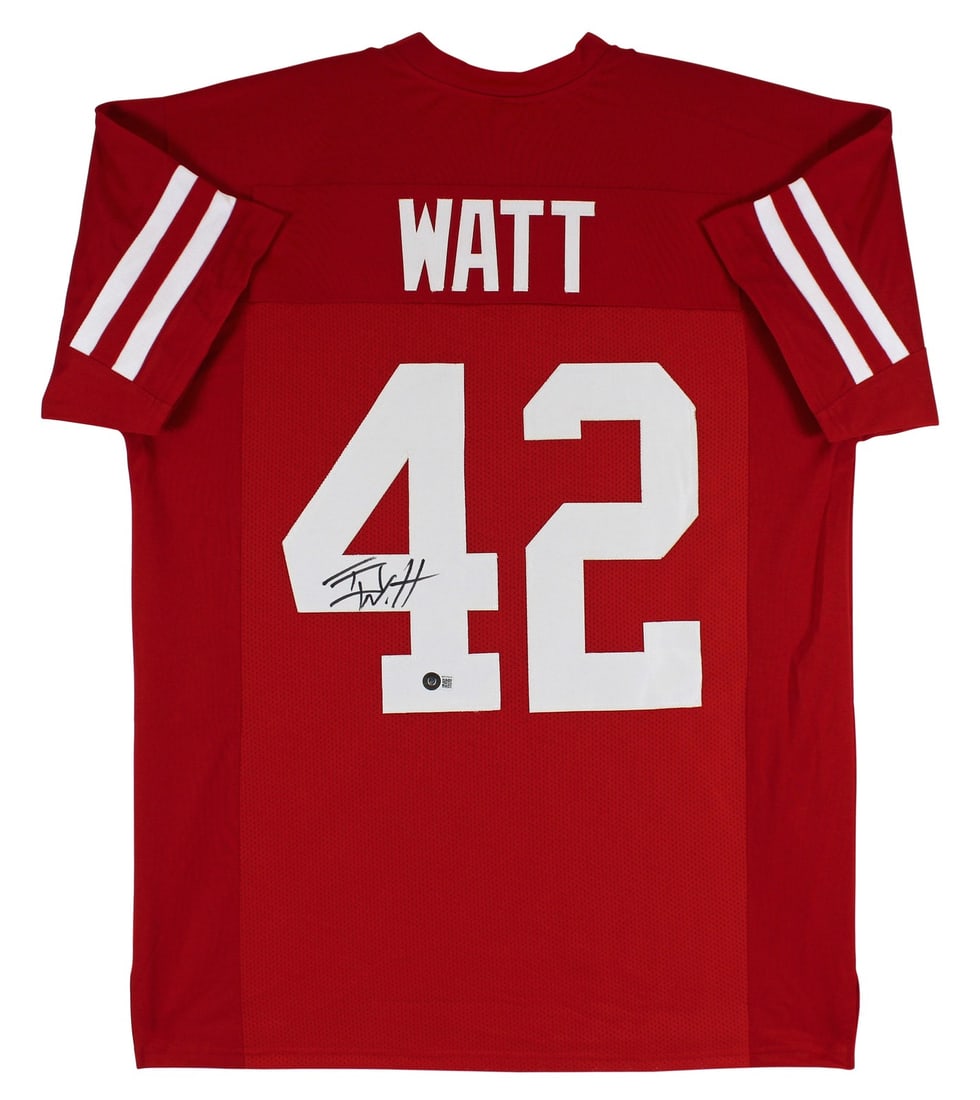 T.J. Watt Signed Wisconsin Badgers Red Pro Jersey BAS Witnessed: T.J. Watt Signed Wisconsin Badgers Red Pro Jersey BAS Witnessed This authentic red pro style jersey has been personally signed by T.J. Watt, a standout player from the Wisconsin Badgers football team.