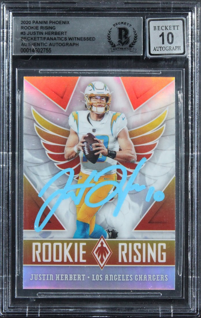 Justin Herbert autographed 2020 Panini Phoenix Rookie Rising #3 BAS slab: Justin Herbert autographed 2020 Panini Phoenix Rookie Rising #3 BAS slab This 2020 Panini Phoenix Rookie Rising #3 rookie card features an authentic autograph by Justin Herbert of the Los Angeles Char
