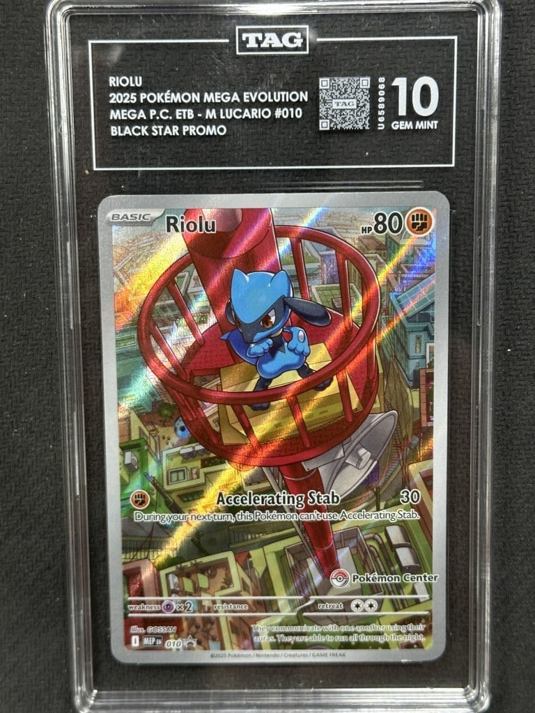 Riolu Pokemon Center Promo TAG 10 Graded Card: Riolu Pokemon Center Promo TAG 10 Graded Card This is a Riolu Pokemon Mega Evolution Pokemon Center Promo trading card, card number 10. The card has been professionally graded by Technical Authenticat