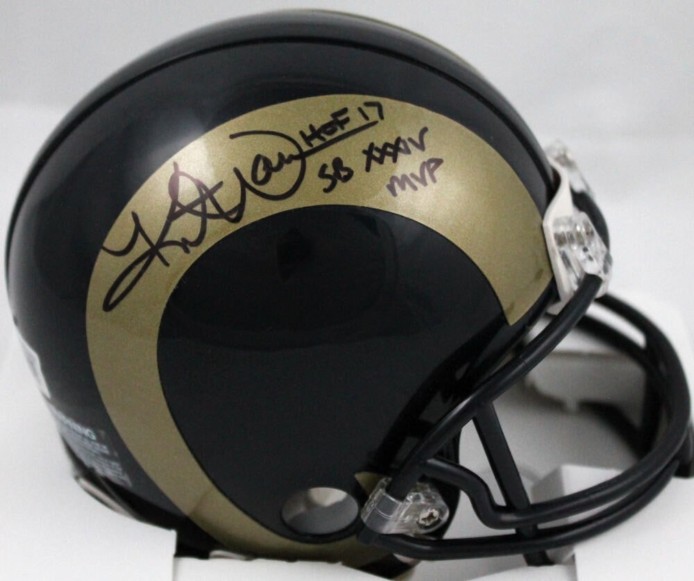 Kurt Warner Signed St. Louis Rams Mini Helmet HOF SB MVP Beckett Authenticated: Kurt Warner Signed St. Louis Rams Mini Helmet HOF SB MVP Beckett Authenticated This is an original mini helmet signed by Kurt Warner, the legendary quarterback of the St. Louis Rams. It features the H