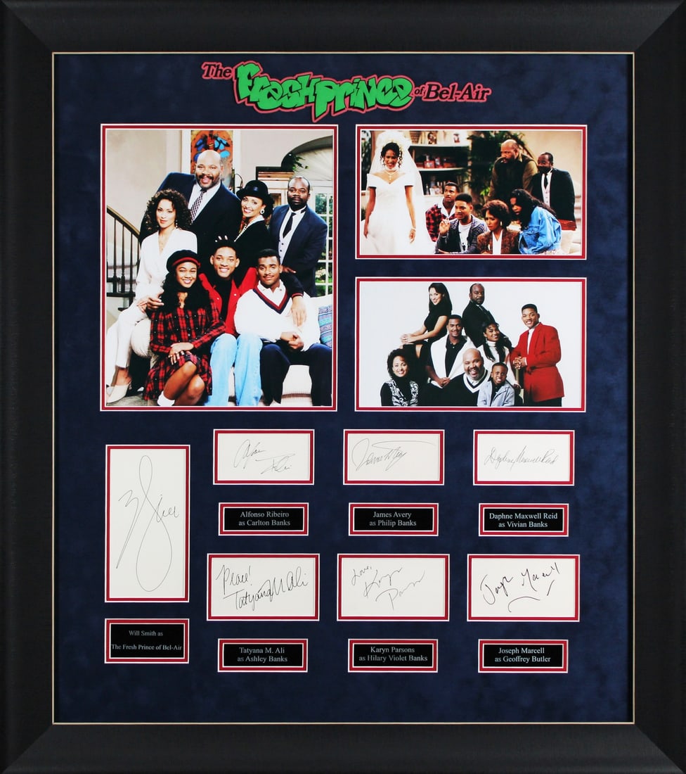 Fresh Prince of Bel-Air Signed Framed Display 7 Autographs Beckett COA: Fresh Prince of Bel-Air Signed Framed Display 7 Autographs Beckett COA This impressive autographed framed display features the signatures of Will Smith, James Avery, Karyn Parsons, Alfonso Ribeiro, Ta
