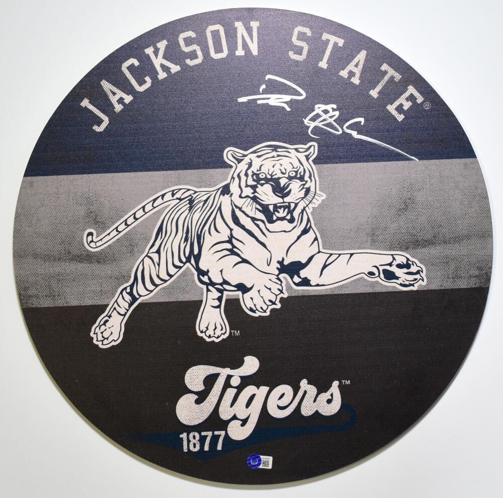 Jackson State Tigers Wooden Sign Autographed by Deion Sanders Beckett Authenticated: Jackson State Tigers Wooden Sign Autographed by Deion Sanders Beckett Authenticated This wooden sign features the authentic signature of Deion Sanders and represents the Jackson State Tigers football 