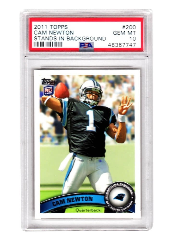 Cam Newton 2011 Topps #200 RC Rookie Card PSA 10 Gem Mint: Cam Newton 2011 Topps #200 RC Rookie Card PSA 10 Gem Mint This listing features a Cam Newton 2011 Topps Stands/Background #200 Rookie Card, encapsulated and graded Gem Mint 10 by PSA, the highest grad