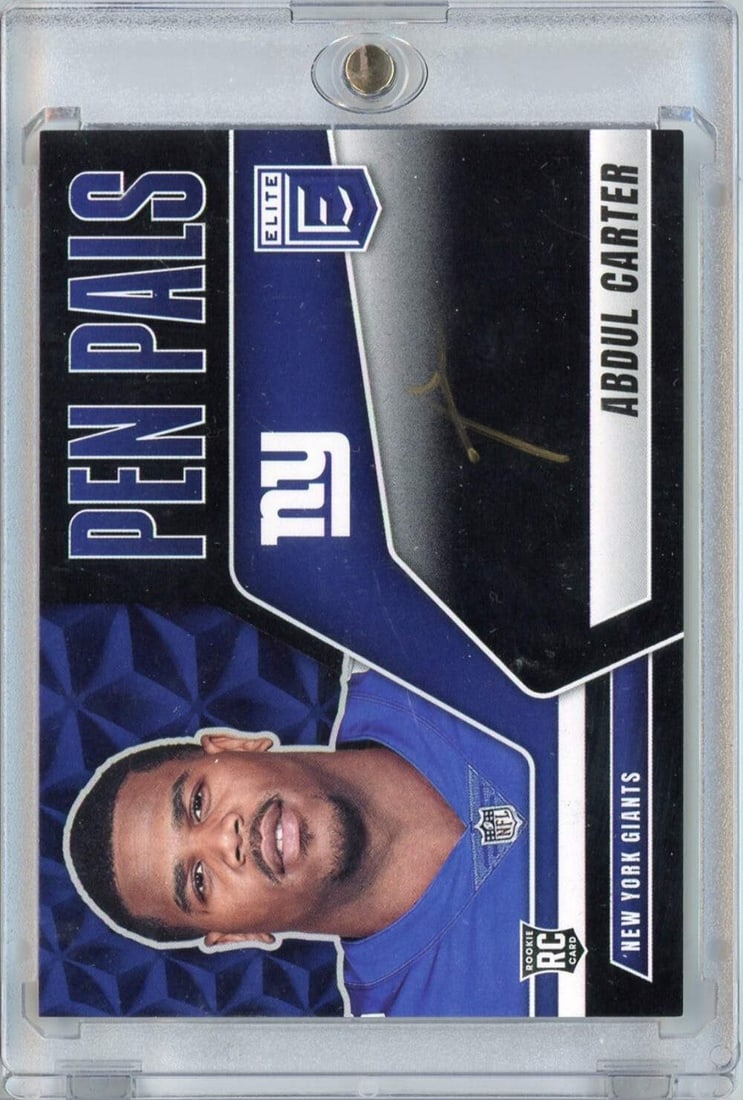 2025 Donruss Elite Abdul Carter Gold Ink Auto Rookie Card: 2025 Donruss Elite Abdul Carter Gold Ink Auto Rookie Card This is a 2025 Donruss Elite Pen Pals Black Abdul Carter #PPACA Gold Ink Auto Rookie Card, featuring the authentic signature of Abdul Carter. 