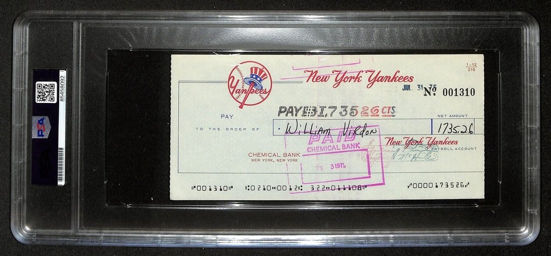 Bill Virdon Autographed 1975 Yankees Payroll Check PSA/DNA: Bill Virdon Autographed 1975 Yankees Payroll Check PSA/DNA This is an original, autographed 1975 New York Yankees payroll bank check signed by Bill Virdon. The check features the iconic Yankees logo a