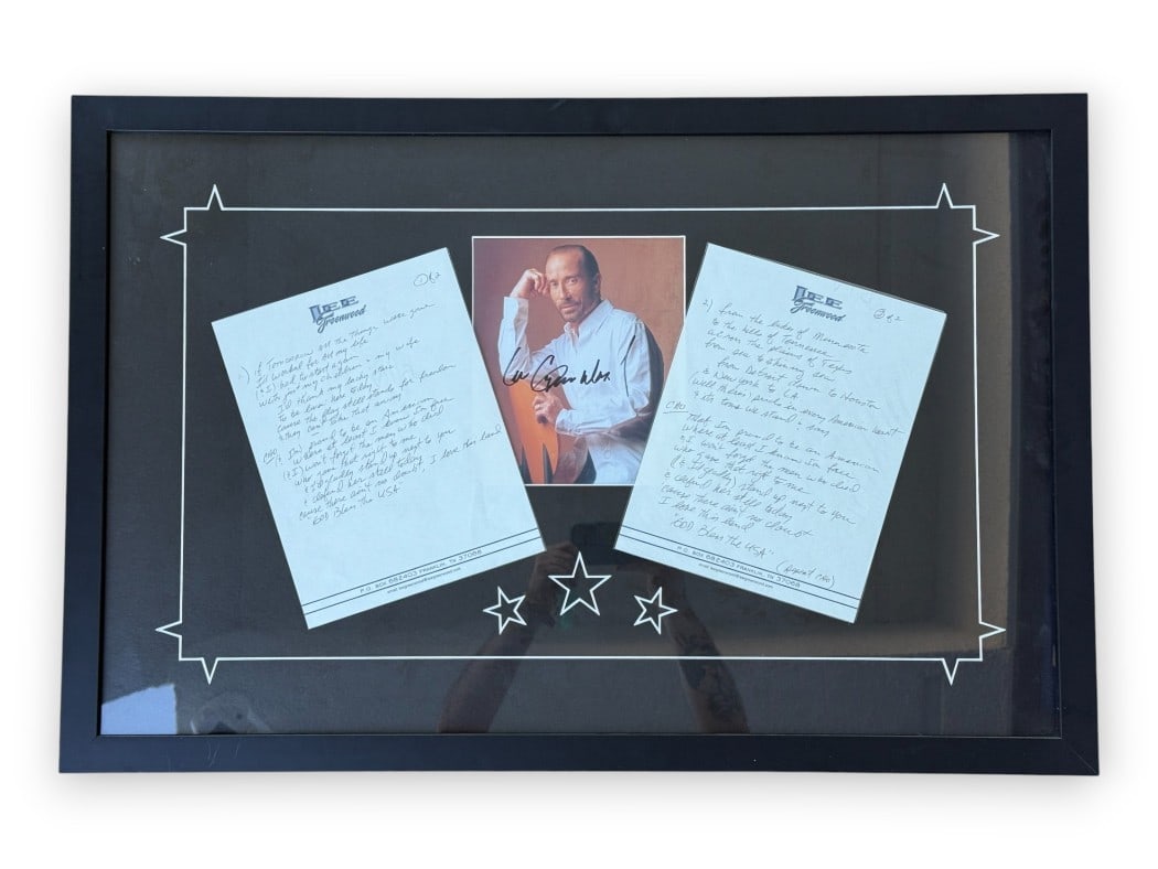 Lee Greenwood Hand Signed 8x10 Photo with Framed Lyric Sheets: Lee Greenwood Hand Signed 8x10 Photo with Framed Lyric Sheets This stunning framed piece features an 8x10 autographed photo of Lee Greenwood, complemented by hand-written lyric sheets. The photo frame