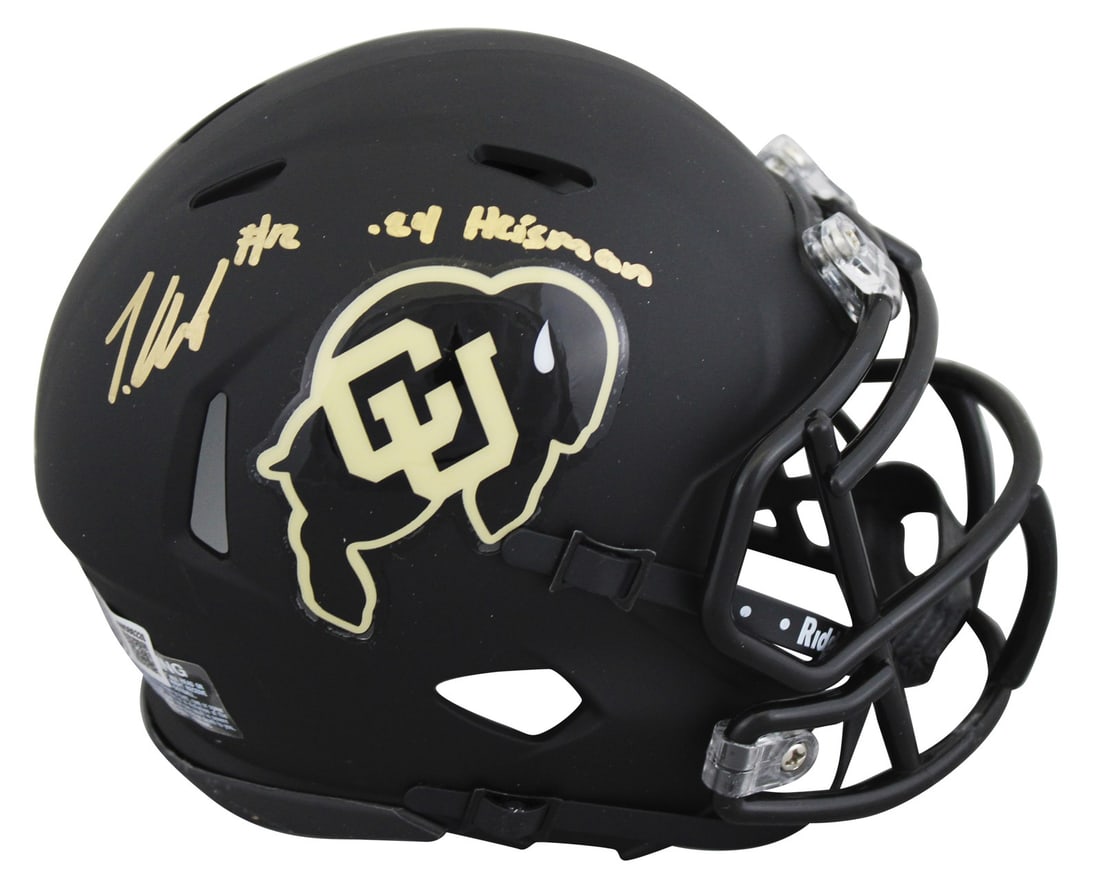 Travis Hunter Signed Black Speed Mini Helmet with 24 Heisman Inscription BAS Authenticated: Travis Hunter Signed Black Speed Mini Helmet with 24 Heisman Inscription BAS Authenticated This original autographed black speed mini helmet features the inscription "24 Heisman" and has been personal
