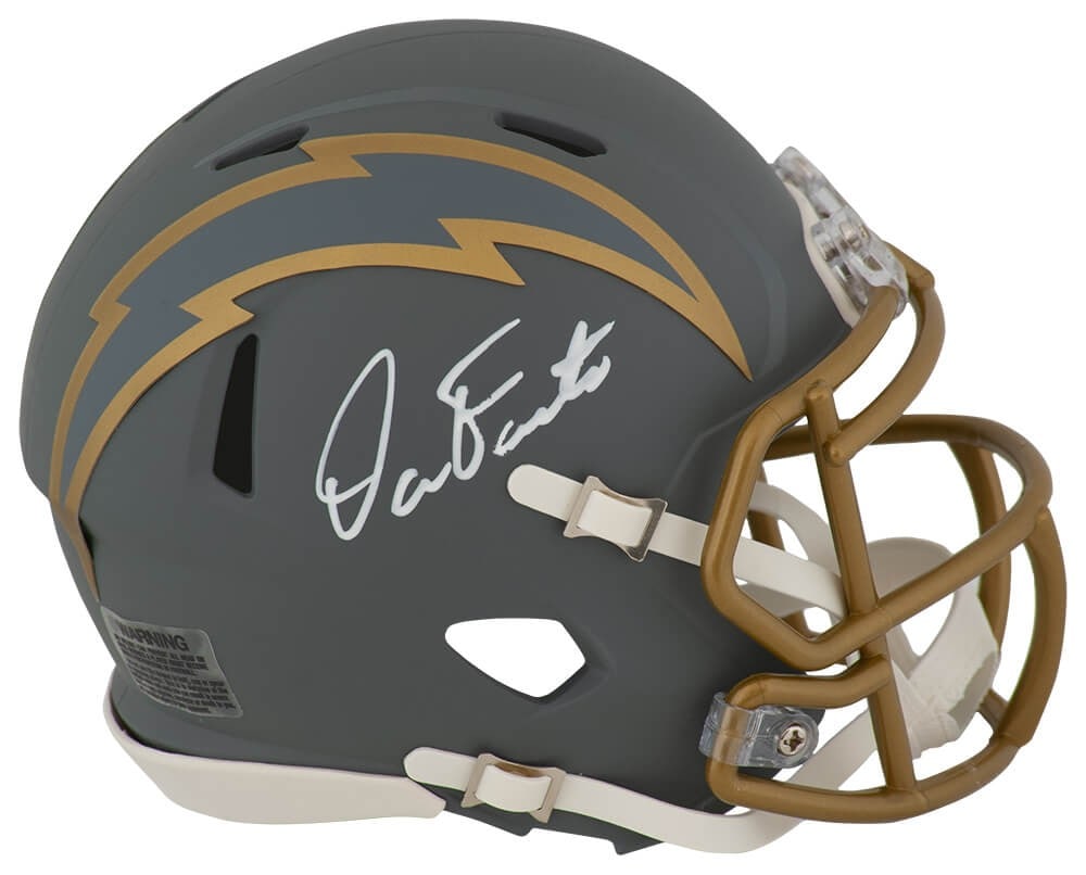 Chargers Mini Speed Helmet Autographed by Dan Fouts: Chargers Mini Speed Helmet Autographed by Dan Fouts This pre-owned Los Angeles Chargers Slate Riddell Speed mini helmet is hand-signed by Dan Fouts. The helmet includes a tamper-proof numbered hologra