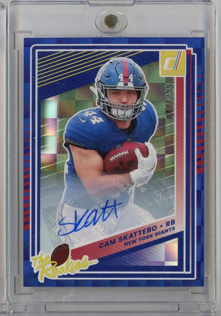 2025 Donruss Cam Skattebo #19/299 Autographed Rookie Football Card NFL: 2025 Donruss Cam Skattebo #19/299 Autographed Rookie Football Card NFL This is a 2025 Donruss The Rookies Cam Skattebo #19 /299 Autographed Rookie Football Card, featuring the talented athlete from