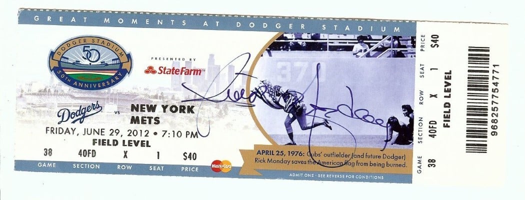 Rick Monday Autographed Dodgers Ticket Stub JSA Authenticated (1 of 3)