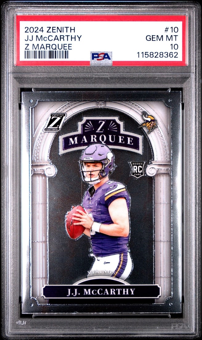 2024 Panini Zenith JJ McCarthy #10 Z Marquee Rookie Card PSA 10 Mint: 2024 Panini Zenith JJ McCarthy #10 Z Marquee Rookie Card PSA 10 Mint Elevate your collection with this Graded 2024 Panini Zenith JJ McCarthy #10 Z Marquee Rookie RC Card, encapsulated and graded by Pr