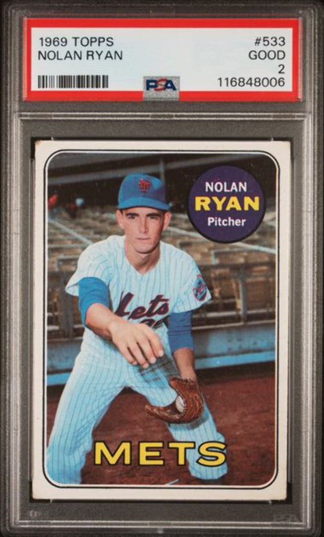 Nolan Ryan 1969 Topps #533 PSA 2 Graded Second Year Mets Baseball Card: Nolan Ryan 1969 Topps #533 PSA 2 Graded Second Year Mets Baseball Card This is an original 1969 Topps Nolan Ryan #533 2nd year baseball card, professionally graded and encapsulated by Professional Spo