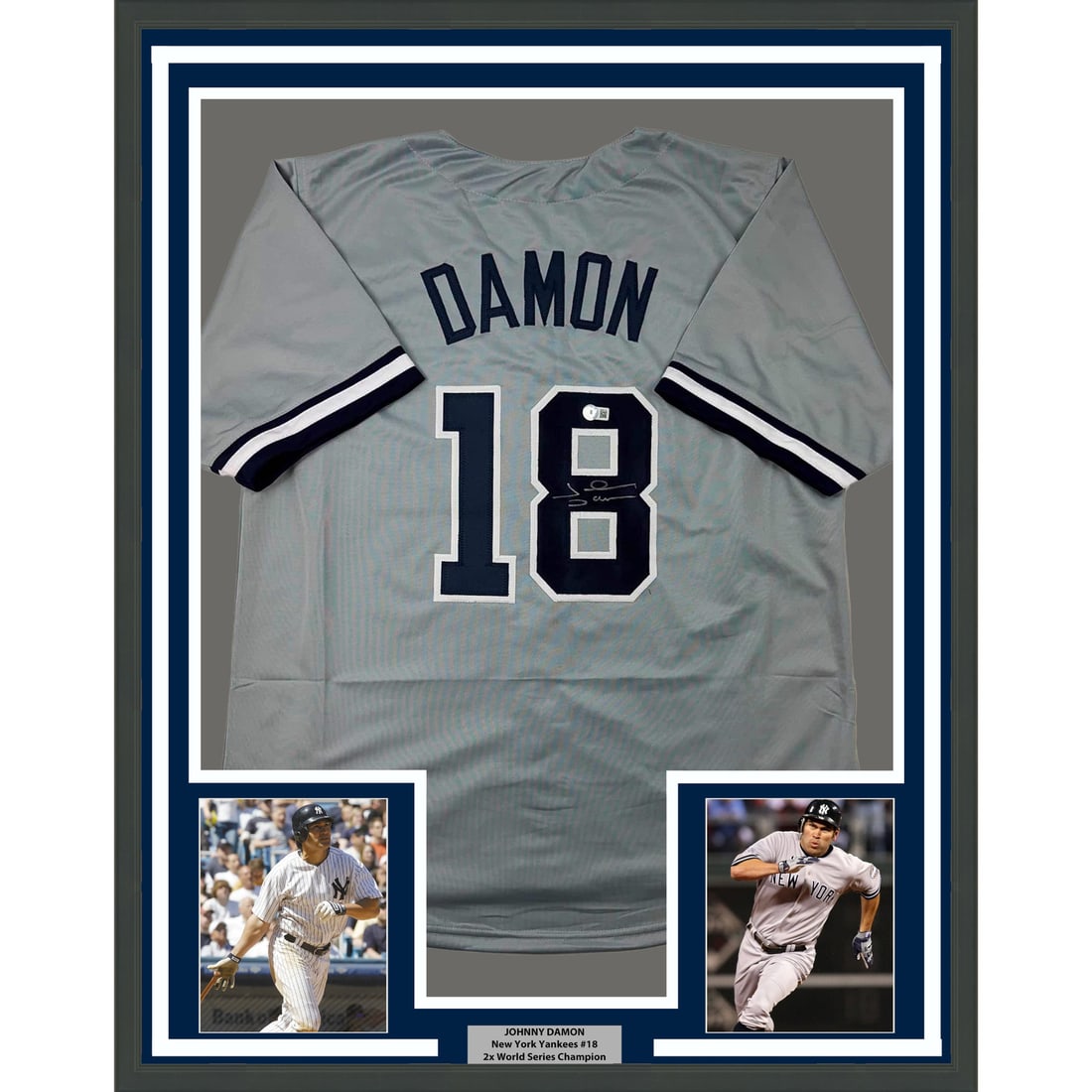 Framed Johnny Damon Autographed New York Yankees Jersey Beckett Certified: Framed Johnny Damon Autographed New York Yankees Jersey Beckett Certified Celebrate the legacy of Johnny Damon with this professionally framed and autographed New York Yankees grey jersey. Measuring a
