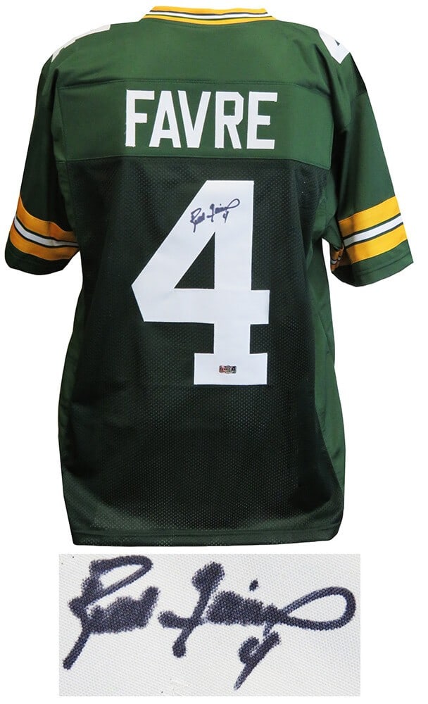 Brett Favre Signed Green Custom Jersey Packers Hologram COA: Brett Favre Signed Green Custom Jersey Packers Hologram COA This is an original Brett Favre signed green custom football jersey from the Green Bay Packers. The jersey, sized XL, comes with the Brett F