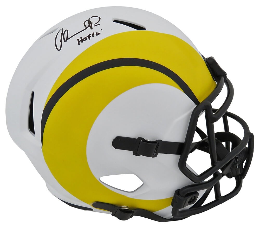 Orlando Pace Signed Rams Lunar Eclipse Helmet with HOF'16 Inscription: Orlando Pace Signed Rams Lunar Eclipse Helmet with HOF'16 Inscription This is an original signed full-size speed replica helmet of Orlando Pace, featuring the Los Angeles Rams' Lunar Eclipse design. T