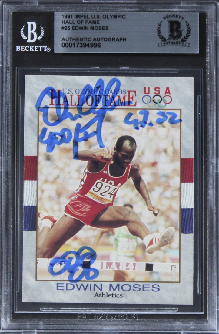 Edwin Moses Autographed 1991 Olympic HOF Card With 400 Hurdle 47.02 Inscription BAS: Edwin Moses Autographed 1991 Olympic HOF Card With 400 Hurdle 47.02 Inscription BAS This 1991 Impel U.S. Olympic Hall of Fame #25 trading card features a personal signature from Edwin Moses, including