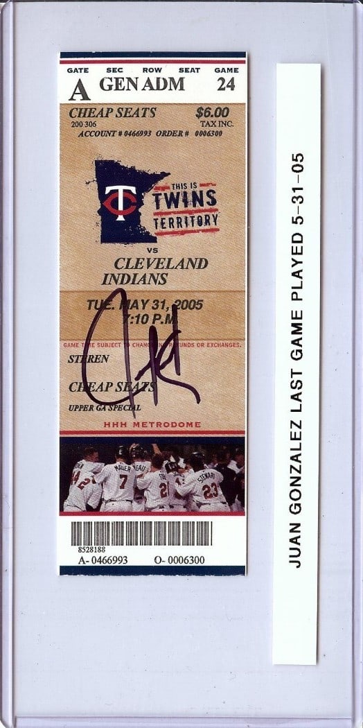 Juan Gonzalez Autographed Ticket Stub Last MLB Game 5-31-05 JSA Certified: Juan Gonzalez Autographed Ticket Stub Last MLB Game 5-31-05 JSA Certified This is an original ticket stub from Juan Gonzalez's last Major League Baseball game played on May 31, 2005, with the Clevelan