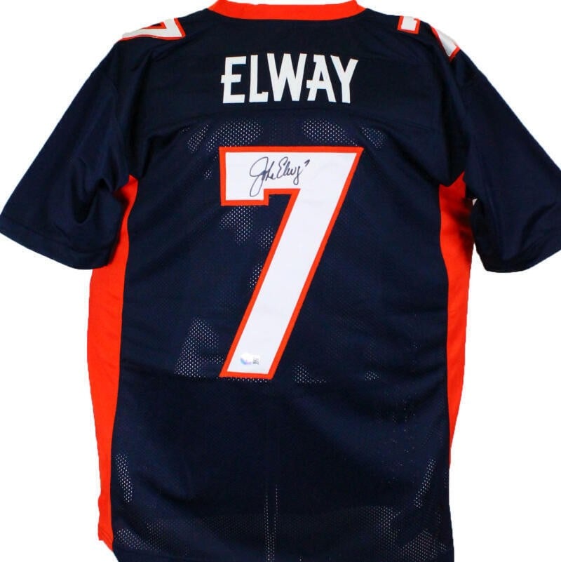 Blue Denver Broncos Jersey Signed by John Elway With Beckett Hologram: Blue Denver Broncos Jersey Signed by John Elway With Beckett Hologram This blue pro style jersey features the authentic signature of John Elway, legendary player for the Denver Broncos. The autograph 