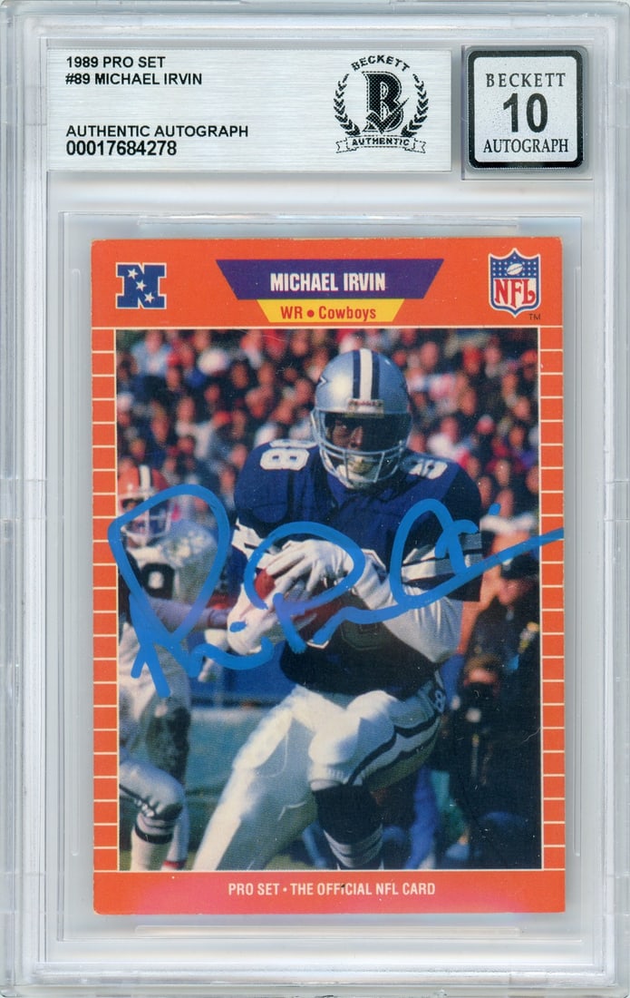 Michael Irvin 1989 Pro Set Football Card Hand Signed BGS Auto 10: Michael Irvin 1989 Pro Set Football Card Hand Signed BGS Auto 10 This is an original 1989 Pro Set #89 sports trading card featuring Michael Irvin of the Dallas Cowboys. The card is hand-signed by Mich