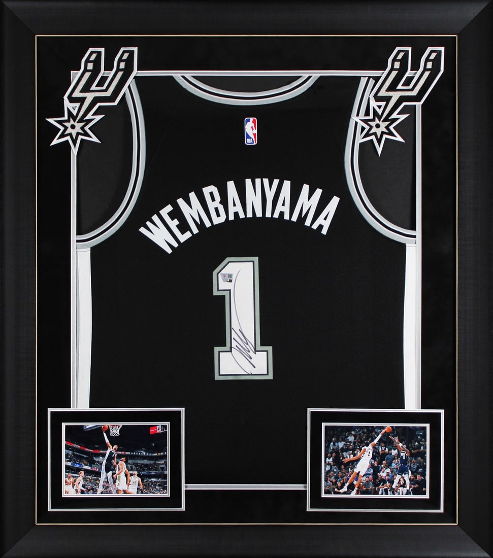 Framed Victor Wembanyama Spurs Nike Icon Edition autographed jersey Fanatics: Framed Victor Wembanyama Spurs Nike Icon Edition autographed jersey Fanatics This framed black Nike Icon Edition jersey features the personal signature of Victor Wembanyama from the San Antonio Spurs.