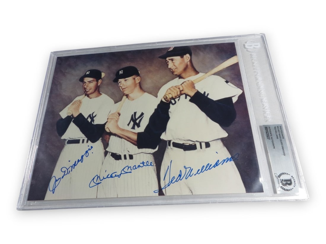 Beckett Authenticated 8x10 Photo Signed by Mantle Williams and DiMaggio: Beckett Authenticated 8x10 Photo Signed by Mantle Williams and DiMaggio This is an original 8x10 photo featuring the autographs of Mickey Mantle, Ted Williams, and Joe DiMaggio. The photo is authentic