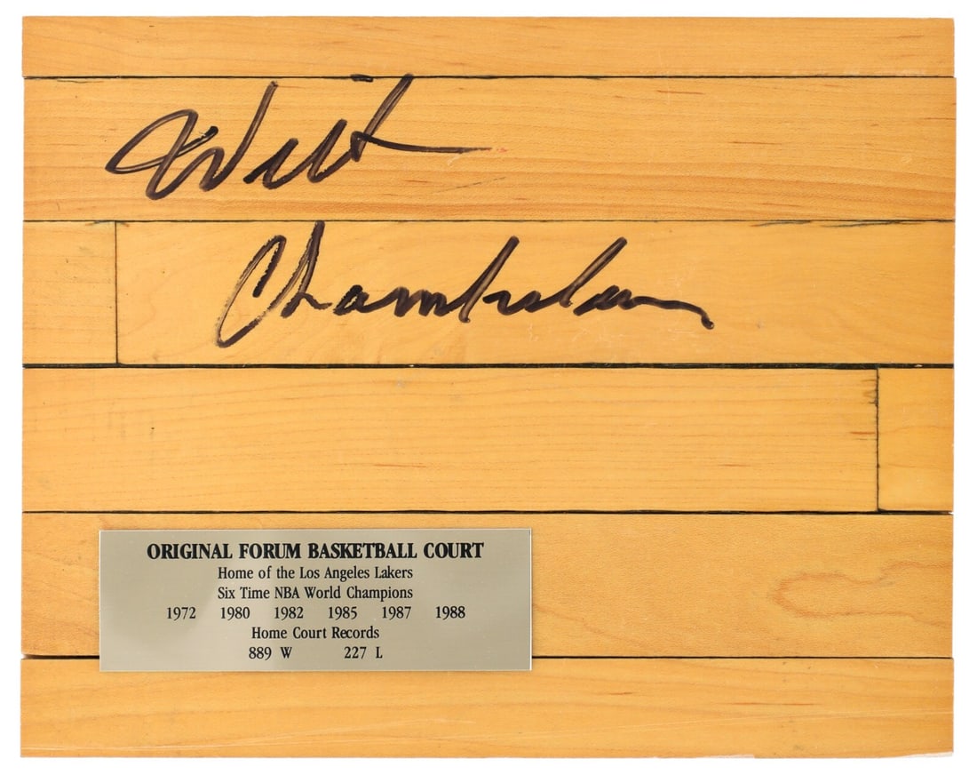 Wilt Chamberlain Signed Lakers Forum Court Floor with Beckett COA: Wilt Chamberlain Signed Lakers Forum Court Floor with Beckett COA This unique piece of hardwood flooring from The Forum in Inglewood, CA, features the autograph of basketball legend Wilt Chamberlain. 